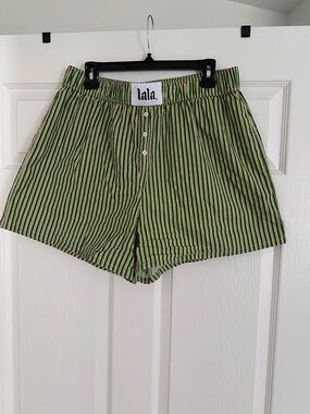 Dressed in LALA Green and Cream Striped High-Waist Shorts